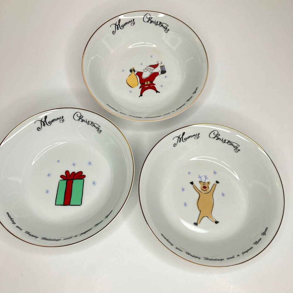 Merry Brite China MERRY CHRISTMAS Lot of 3 Soup Cereal Bowls Happy Holidays